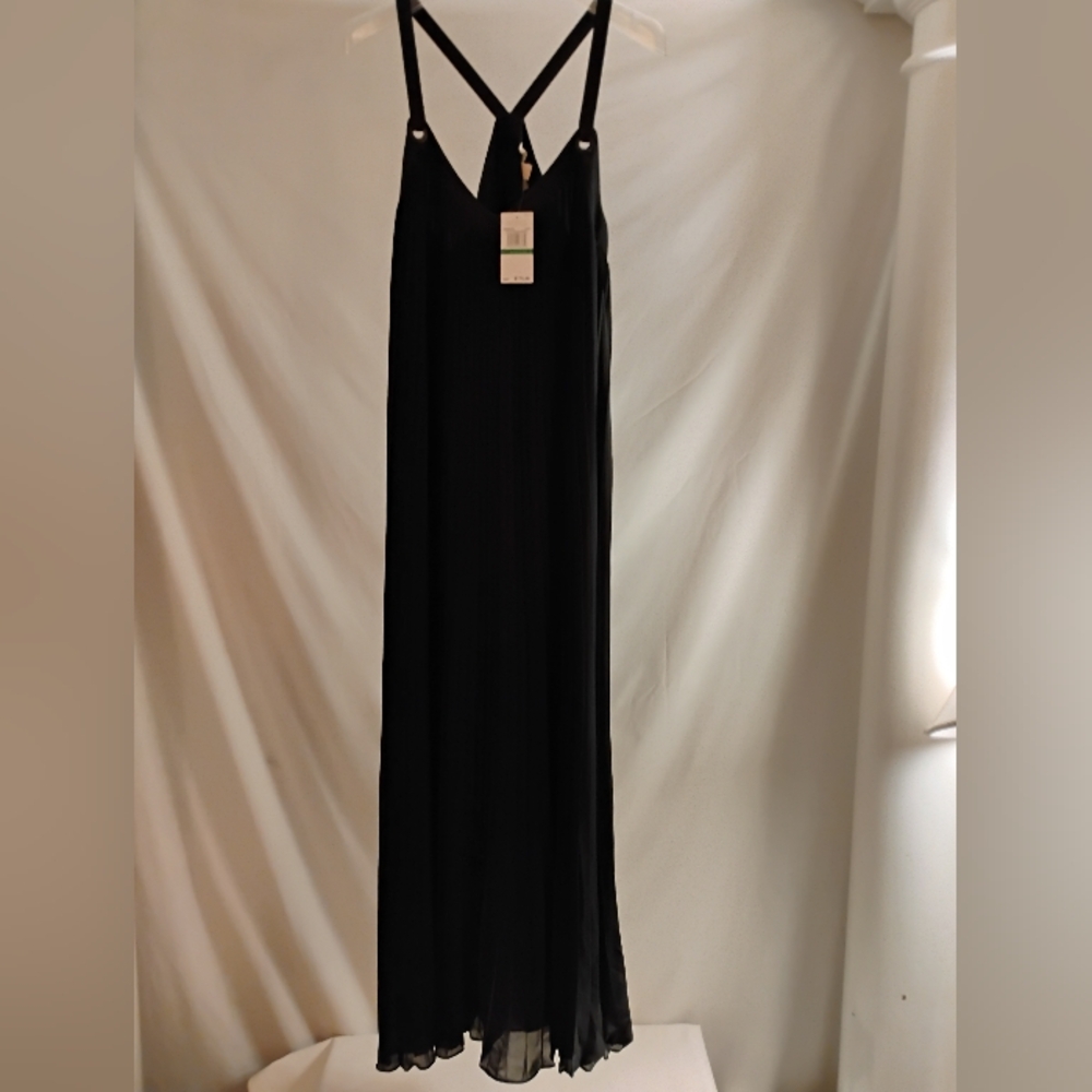 MICHAEL MICHAEL KORS ACCORDION PLEAT CREPE MAXI DRESS BLACK L USA (NWT)